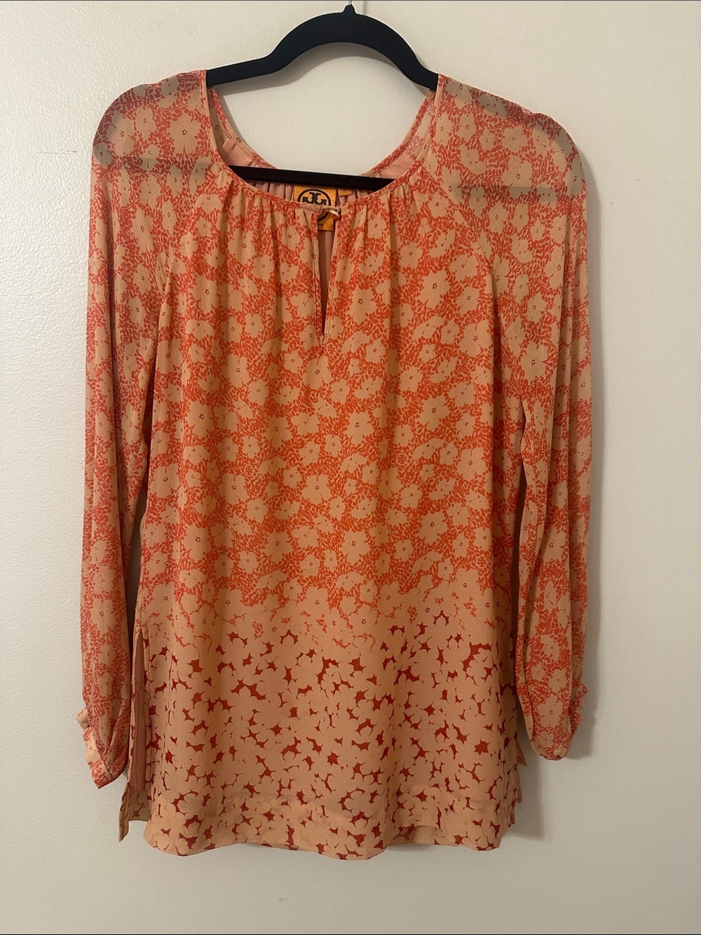 Tory Burch Silk Chiffon Long Sleeve Lisa Top Coral & Ref Floral Print Size 4